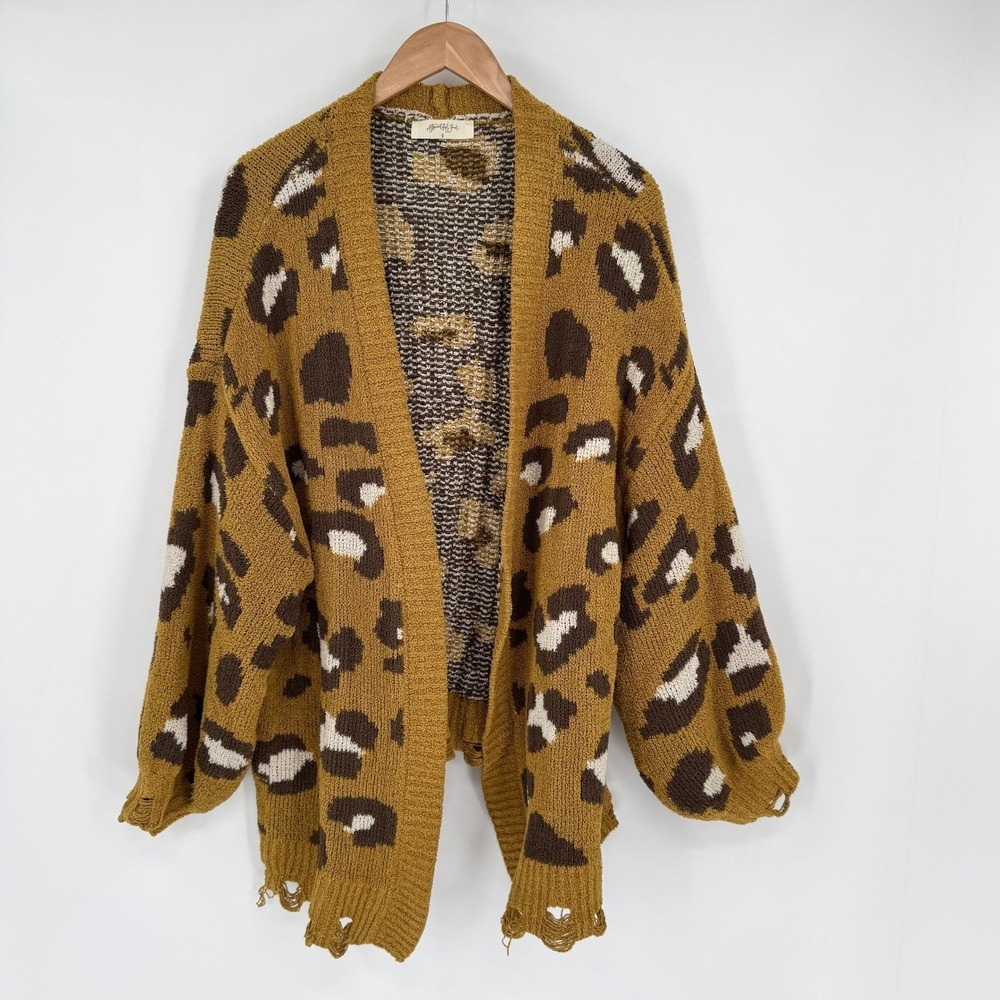 A Beautiful Soul Yellow/Brown Leopard Print Chunky  Distressed Sweater Cardigan - Picture 2 of 12